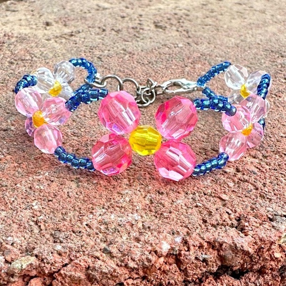 Pink, Faux Crystal, and Blue Floral Beaded Bracelet with Silver Colored Accents - Picture 1 of 2